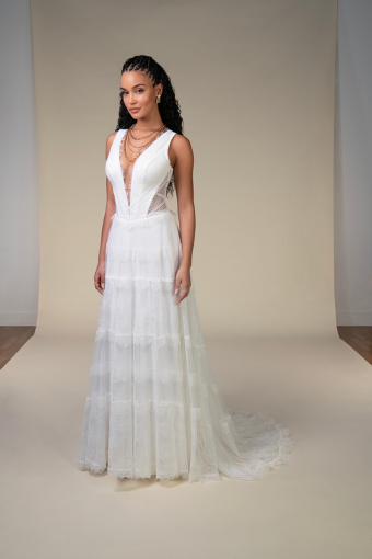 All Who Wander Gray #0 default (IVIV-PL) Ivory Lace and Tulle over Ivory Gown w Porcelain Tulle Plunge thumbnail